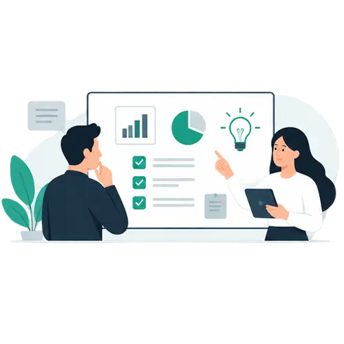 Ilustración de un equipo analizando objetivos, catálogo y estrategia antes de desarrollar una tienda online