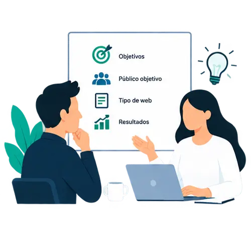 Ilustración de una reunión para definir objetivos, público y necesidades antes de desarrollar una web en WordPress