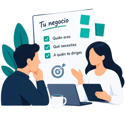 Ilustración de una reunión para conocer la empresa, sus necesidades, público y objetivos antes de comenzar el diseño
