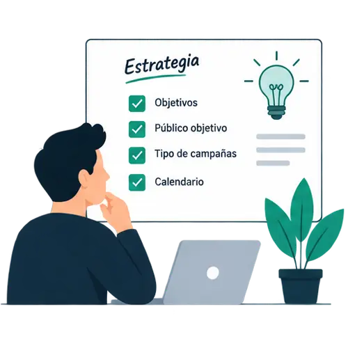 Ilustración de la planificación de una estrategia de email marketing con objetivos, público y calendario de campañas