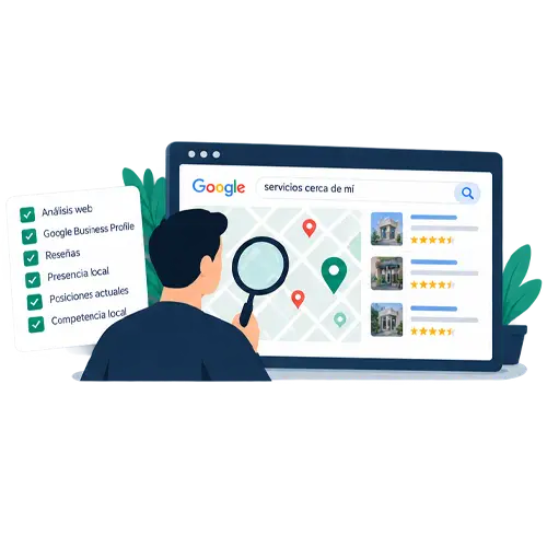 Ilustración del análisis de la presencia de un negocio en Google, Google Maps, reseñas y resultados locales