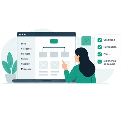 Ilustración de un equipo analizando la estructura planteada antes de desarrollar una tienda online