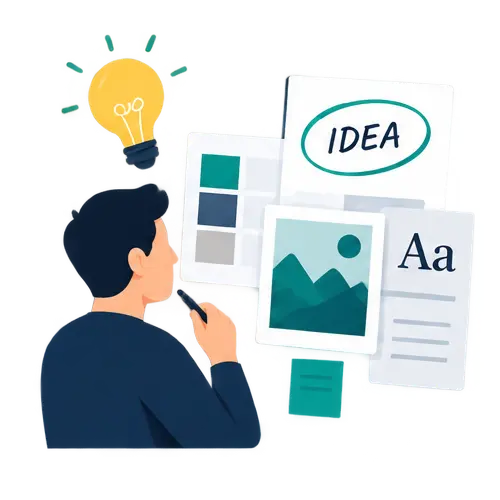 Ilustración del proceso creativo para definir el concepto visual de una marca a partir de ideas y referencias
