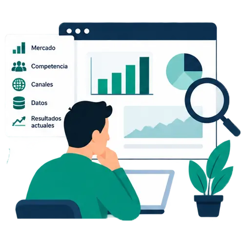 Ilustración del análisis de mercado, competencia, canales digitales, datos y resultados de una empresa