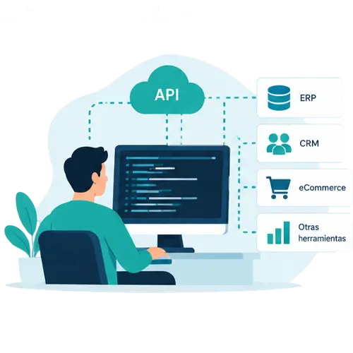 Ilustración de desarrollo de software conectado con ERP, CRM, ecommerce y facturación