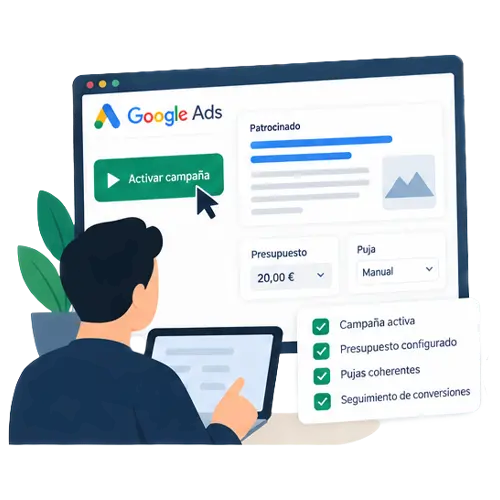 Ilustración del lanzamiento de una campaña de Google Ads