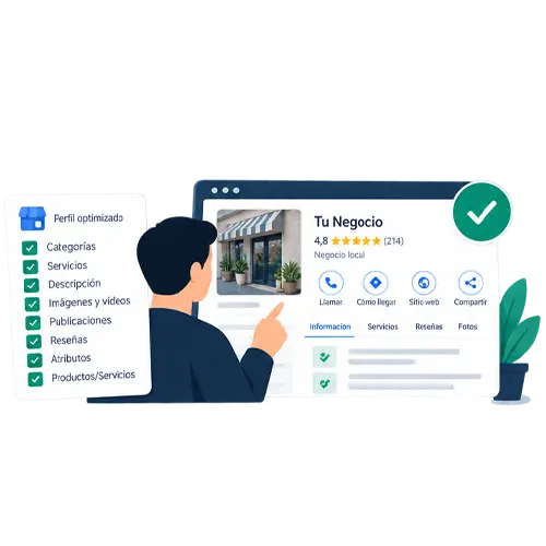 Ilustración de la optimización de un Perfil de Empresa en Google con categorías, servicios, imágenes, reseñas y datos del negocio