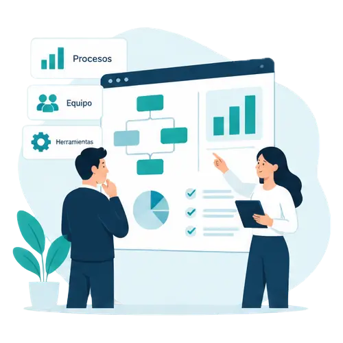 Ilustración de un equipo analizando procesos, herramientas y necesidades de una empresa