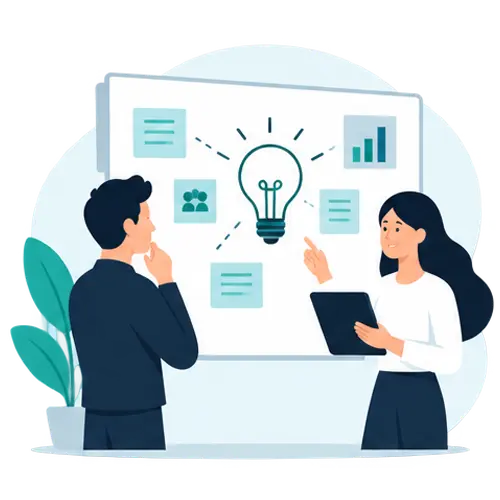 Ilustración de un equipo analizando una idea y las necesidades que debe resolver una aplicación móvil