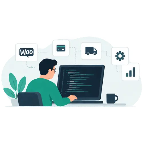 Ilustración del desarrollo de una tienda online con integraciones de pagos, envíos y otras herramientas
