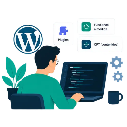 Ilustración del desarrollo de una web en WordPress con plugins y funcionalidades personalizadas