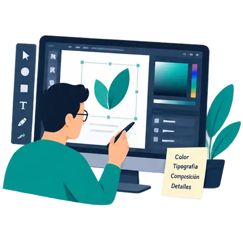 Ilustración del ajuste de colores, tipografías, composición y detalles de un diseño gráfico