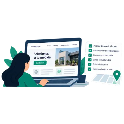 Ilustración de la optimización de una página web con contenido local, páginas de servicio y señales geográficas