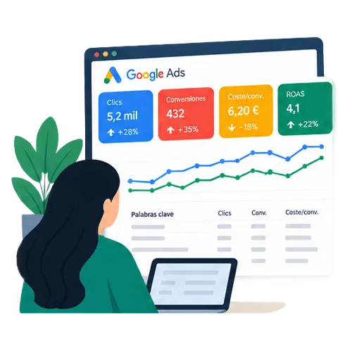 Ilustración del análisis y optimización de campañas de Google Ads
