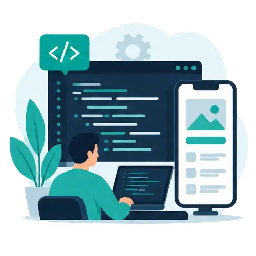 Ilustración de un desarrollador programando una aplicación móvil