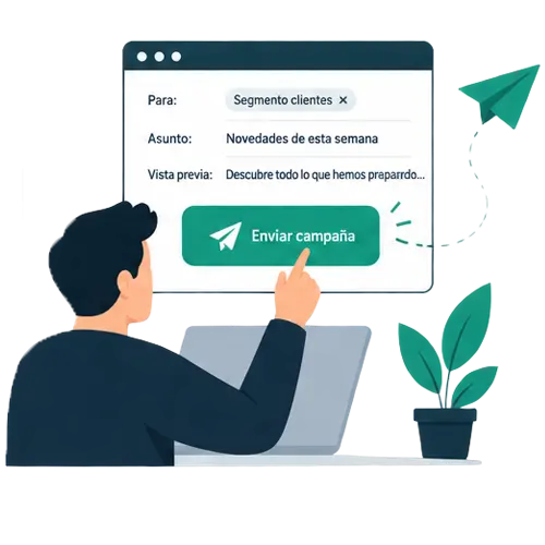 Ilustración de la preparación y envío de una campaña de email marketing a un segmento de clientes