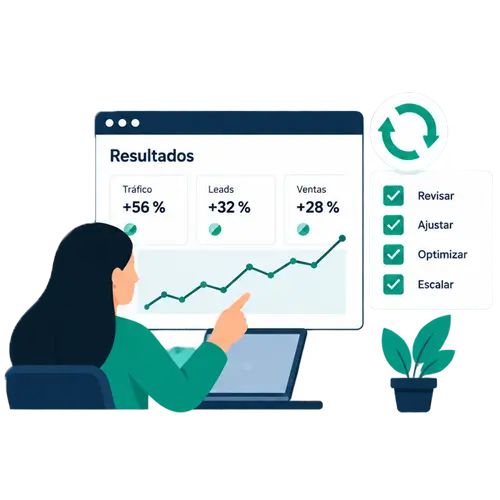 Ilustración del seguimiento de resultados de marketing con revisión, ajustes y optimización continua