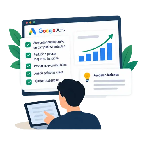 Ilustración de recomendaciones para mejorar campañas de Google Ads