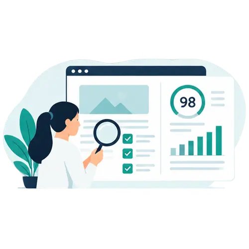 Ilustración de la revisión y optimización de una página web antes de su publicación