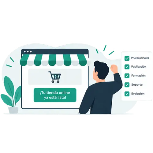 Ilustración de la publicación de una tienda online con formación, soporte y revisión final
