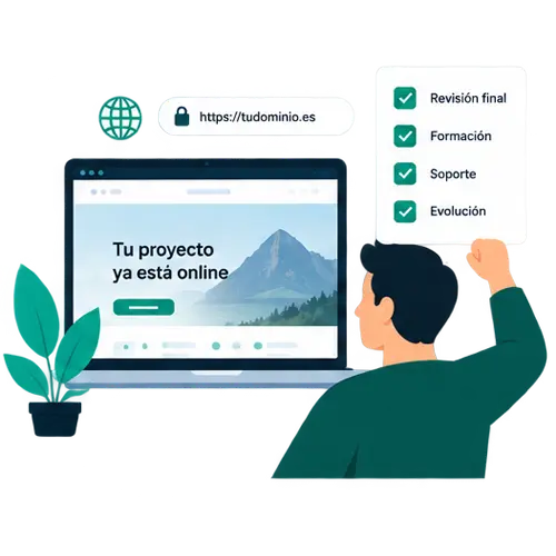 Ilustración de la publicación de una web en WordPress con revisión final, formación y soporte